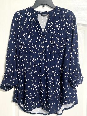 Women's Navy Blue/Cream Printed V-Neck Blouse Dress 1X Ava & Grace
